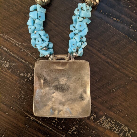 Vintage Western Blue Statement Necklace Square Pendant Boho Cowgirl Chunky Beads - Picture 6 of 6